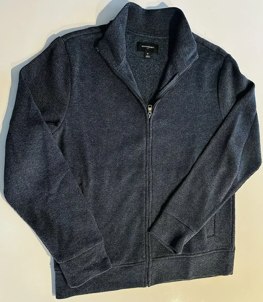Banana Republic Sweater Jacket Mens Med Navy Cardigan Full Zip Bomber Preppy